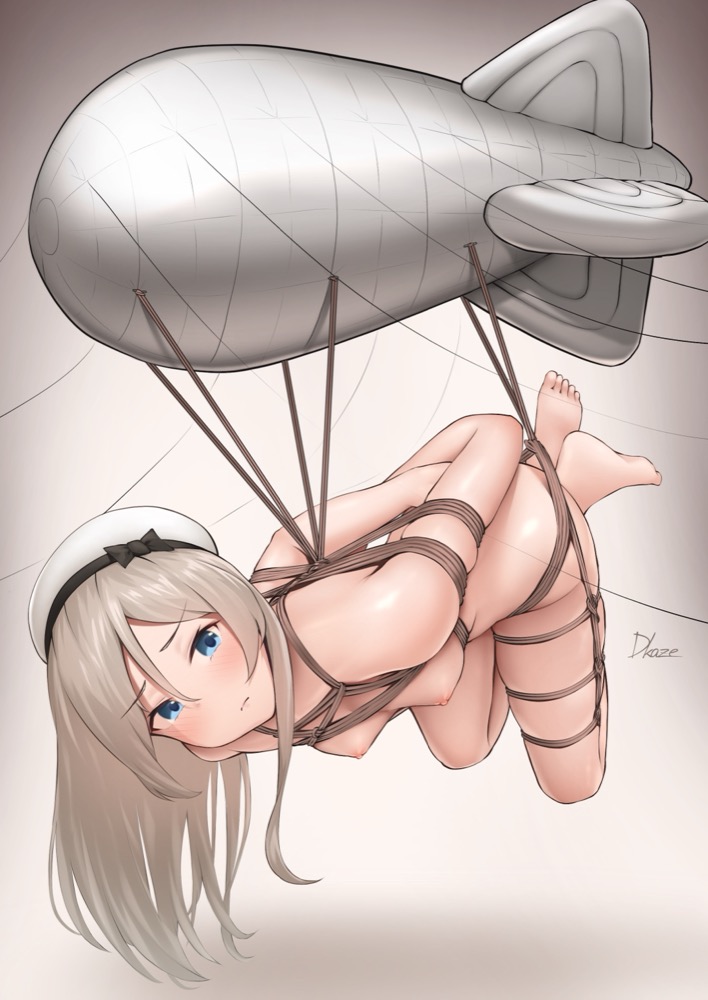 1girl annoyed arms_behind_back bdsm blue_eyes blush bondage bound breast_bondage breasts completely_nude driftkingtw grey_hair hat immobilization javelin_(kancolle) kantai_collection long_hair looking_at_viewer nipples nude restrained rope royal_navy sailor_hat shibari solo