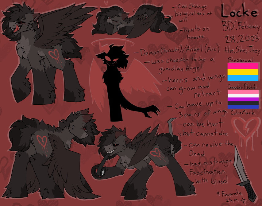 &lt;3 ambiguous_gender ambiguous_species angel brown_body brown_fur crossgender cutie_mark demon duct_tape equid equine feral friendship_is_magic fur genderfluid guardian_angel halo hasbro heart_hooves horn knife licking licking_lips locke_(pegacousin) mammal model_sheet my_little_pony pansexual pegacousin pegasus red_eyes shape_shifter solo tape teeth tongue tongue_out wings