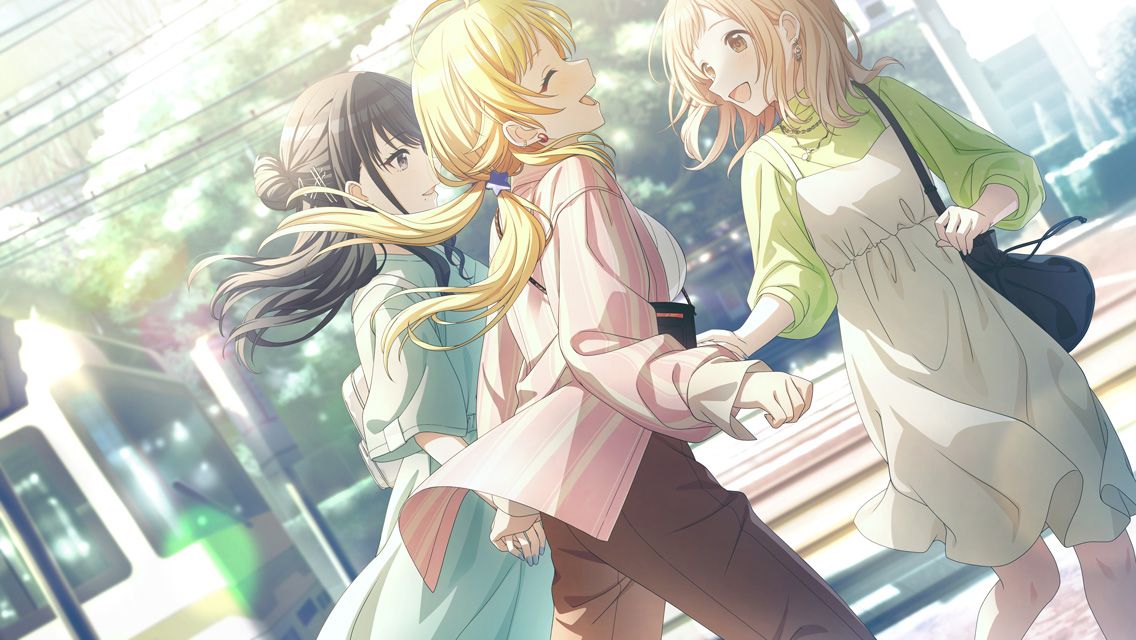 3girls :d ^_^ ahoge backpack bag black_bag black_hair blonde_hair blurry blurry_background brown_eyes brown_pants closed_eyes day dress dutch_angle earrings feet_out_of_frame from_side game_cg green_dress green_shirt hachimiya_meguru hair_bun hair_flaps hair_ornament hairclip half_updo holding_hands idolmaster idolmaster_shiny_colors illumination_stars_(idolmaster) jewelry kazano_hiori layered_dress light_brown_hair long_hair long_sleeves looking_at_another low_twintails medium_hair mole mole_under_mouth multiple_girls necklace official_art open_clothes open_mouth open_shirt outdoors pants pink_shirt purple_eyes railroad_tracks running sakuragi_mano shirt sidelocks single_hair_bun smile star_(symbol) star_hair_ornament striped striped_shirt train twintails vertical-striped_shirt vertical_stripes white_bag yellow_dress