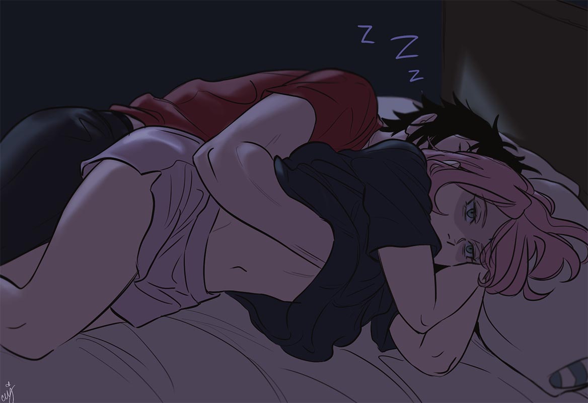 1boy 1girl black_hair ceejles closed_eyes commentary dolphin_shorts green_eyes hand_under_clothes hand_under_shirt haruno_sakura hetero lying naruto_(series) naruto_shippuuden on_side pillow pink_hair red_shirt shaded_face shirt shorts signature sleeping spooning symbol-only_commentary uchiha_sasuke zzz