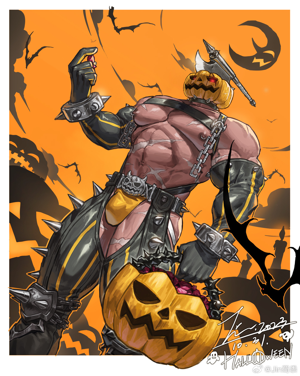 1boy abs bara bracelet bulge candle chain clothing_cutout crescent_moon crotchless crotchless_pants dark-skinned_male dark_skin detached_sleeves dutch_angle feet_out_of_frame from_below glowing glowing_eyes halloween highres huge_pectorals jack-o'-lantern_head jewelry jin_(sirius-j) knee_spikes male_focus moon muscular muscular_male navel nipples original outstretched_arm pants personification scar solo spiked_bracelet spikes stomach strongman_waist thick_thighs thigh_cutout thighs