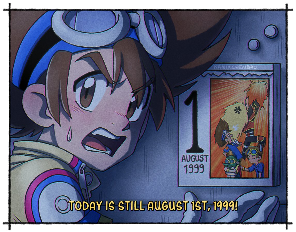 1999 1boy anger_vein august brown_eyes brown_hair calendar_(object) derivative_work digimon digimon_adventure digimon_adventure_v-tamer_01 digimon_tamers digimon_universe:_appli_monsters door english_commentary english_text goggles goggles_on_head kaninchenbau light_blush looking_back male_child male_focus matsuda_takato open_mouth screencap_redraw shinkai_haru signature sweat yagami_taichi