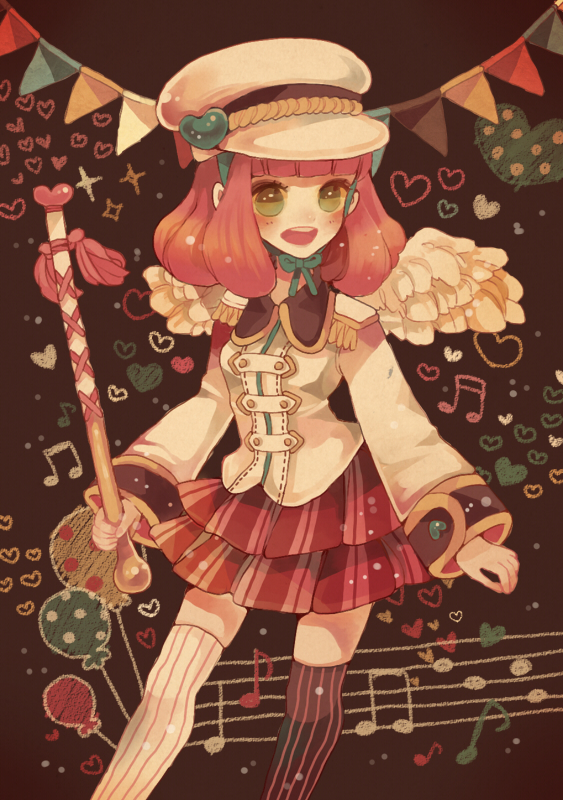 1girl balloon band_uniform baton blunt_bangs blush brown_background chin_strap collared_jacket epaulettes feathered_wings green_eyes hat heart holding jacket long_sleeves looking_at_viewer marching_band marching_band_baton musical_note open_mouth original pink_hair short_hair skirt smile solo string_of_flags striped striped_thighhighs thighhighs uniform vertical-striped_thighhighs vertical_stripes wings yunoto_(conceit)