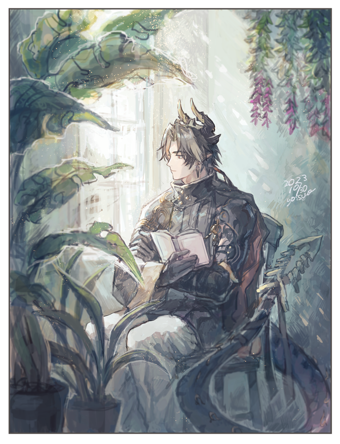 1boy arknights black_jacket black_skin book border brown_hair chair chong_yue_(arknights) colored_skin dated dragon_boy dragon_horns dragon_tail feet_out_of_frame hanging_plant holding holding_book horns indoors jacket looking_to_the_side male_focus oisyox72 open_book pants parted_bangs plant potted_plant red_eyes signature sitting solo tail white_pants window