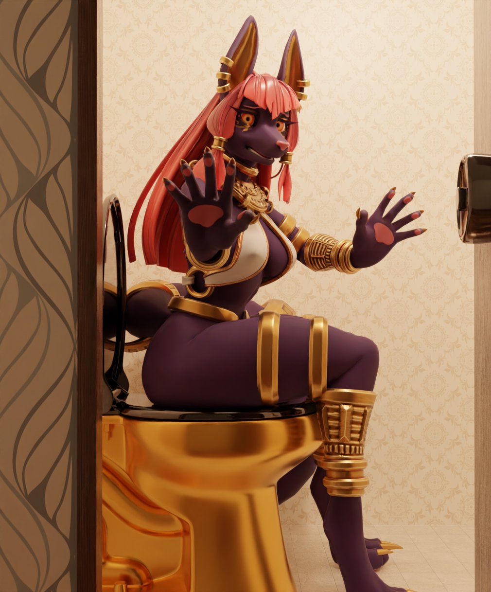 accessory anthro anubian_jackal anubis awkward bathroom bathroom-art_(artist) breasts canid canine canis clothed clothing deity door ear_piercing egyptian egyptian_mythology embarrassed feces female fur gold_(metal) gold_jewelry hair hi_res jackal jewelry looking_at_viewer mammal middle_eastern_mythology mythology open_mouth piercing scat solo toilet