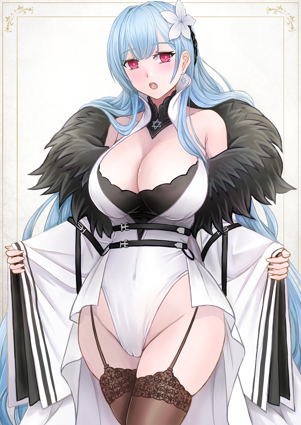 1girl azur_lane bare_shoulders black_garter_straps blue_hair breasts brown_thighhighs cameltoe cleavage coat detached_collar earrings flower fur-trimmed_coat fur_trim garter_straps hair_flower hair_ornament highres huge_breasts jewelry lace-trimmed_legwear lace_trim leotard long_hair long_sleeves looking_at_viewer open_mouth purple_eyes sai-go simple_background solo standing thighhighs very_long_hair voroshilov_(azur_lane) white_background white_leotard wide_sleeves