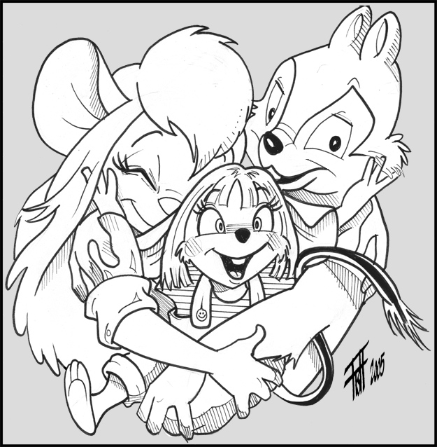 2005 anthro chip_'n_dale_rescue_rangers chip_(disney) chipmunk chris_fischer clothed clothing disney embrace eyes_closed female fur gadget_hackwrench greyscale ground_squirrel group hair hug hybrid long_hair male mammal monochrome mouse murid murine open_mouth rodent sciurid tail trio young