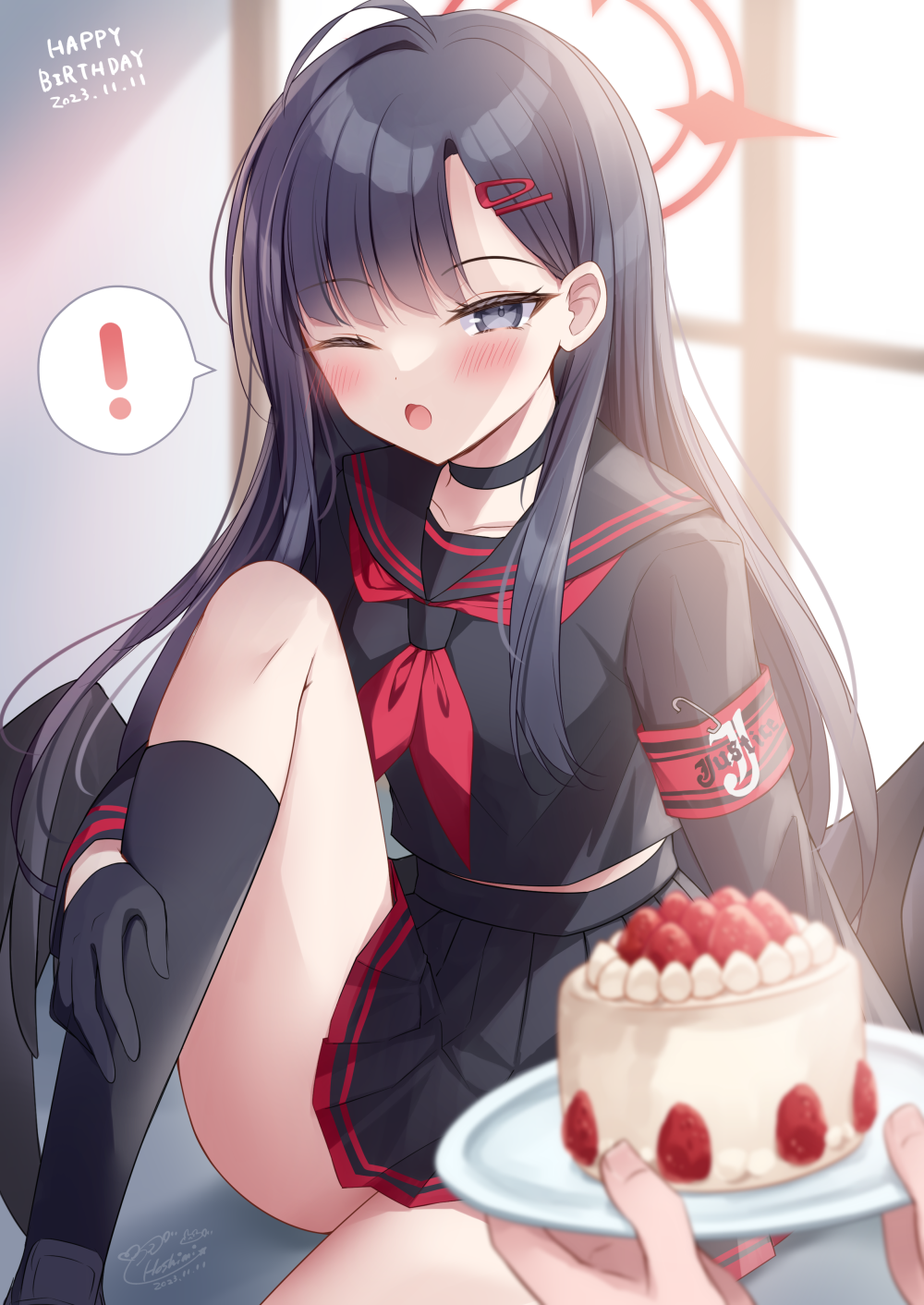 ! 1girl 1other armband ass black_eyes black_footwear black_hair black_sailor_collar black_serafuku black_socks blue_archive blush cake cake_slice collarbone dated food hair_ornament hairclip halo happy_birthday highres ichika_(blue_archive) kneehighs kohinata_hoshimi long_hair long_sleeves neckerchief one_eye_closed open_mouth red_armband red_halo red_neckerchief safety_pin sailor_collar school_uniform serafuku shoes signature socks solo_focus spoken_exclamation_mark