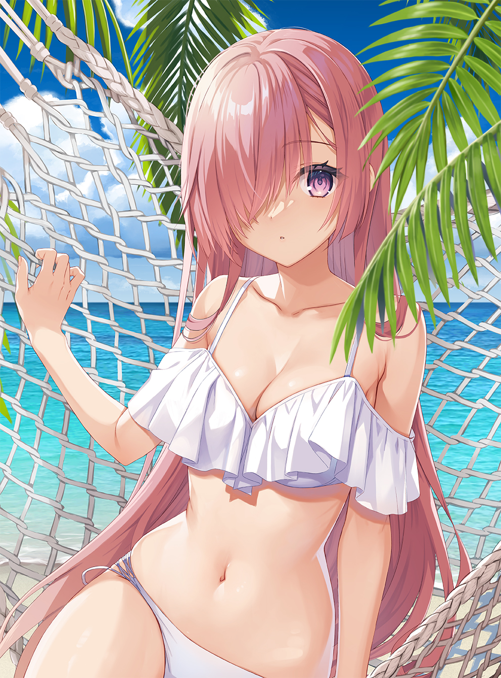 1girl arm_at_side armpit_crease bare_shoulders bikini blue_sky breasts cleavage cloud collarbone commentary_request curvy day expressionless eyelashes hair_over_one_eye hammock highres large_breasts light_blush long_hair looking_at_viewer melonbooks muririn ocean one_eye_covered original outdoors palm_leaf parted_lips pink_hair purple_eyes sitting skindentation sky solo straight_hair swimsuit very_long_hair white_bikini