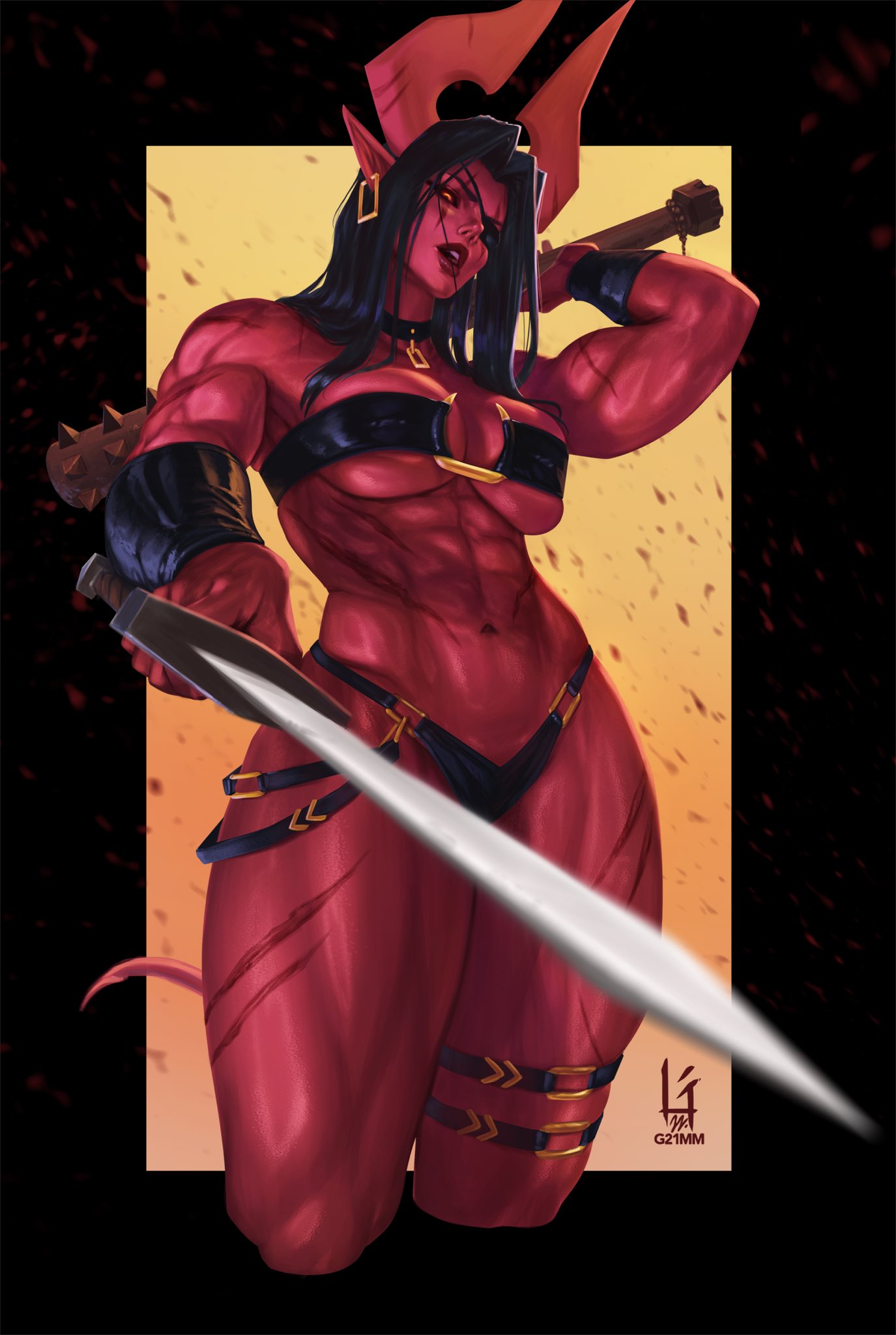 1girl abs artist_name black_border black_hair border borrowed_character club_(weapon) collar colored_skin commentary demon_girl demon_horns demon_tail earrings english_commentary eyepatch g21mm highres holding holding_sword holding_weapon horns jewelry long_hair looking_at_viewer muscular muscular_female navel open_mouth original pointy_ears red_skin scar solo spiked_club sword taiko_(iahfy) tail teeth thigh_strap watermark weapon