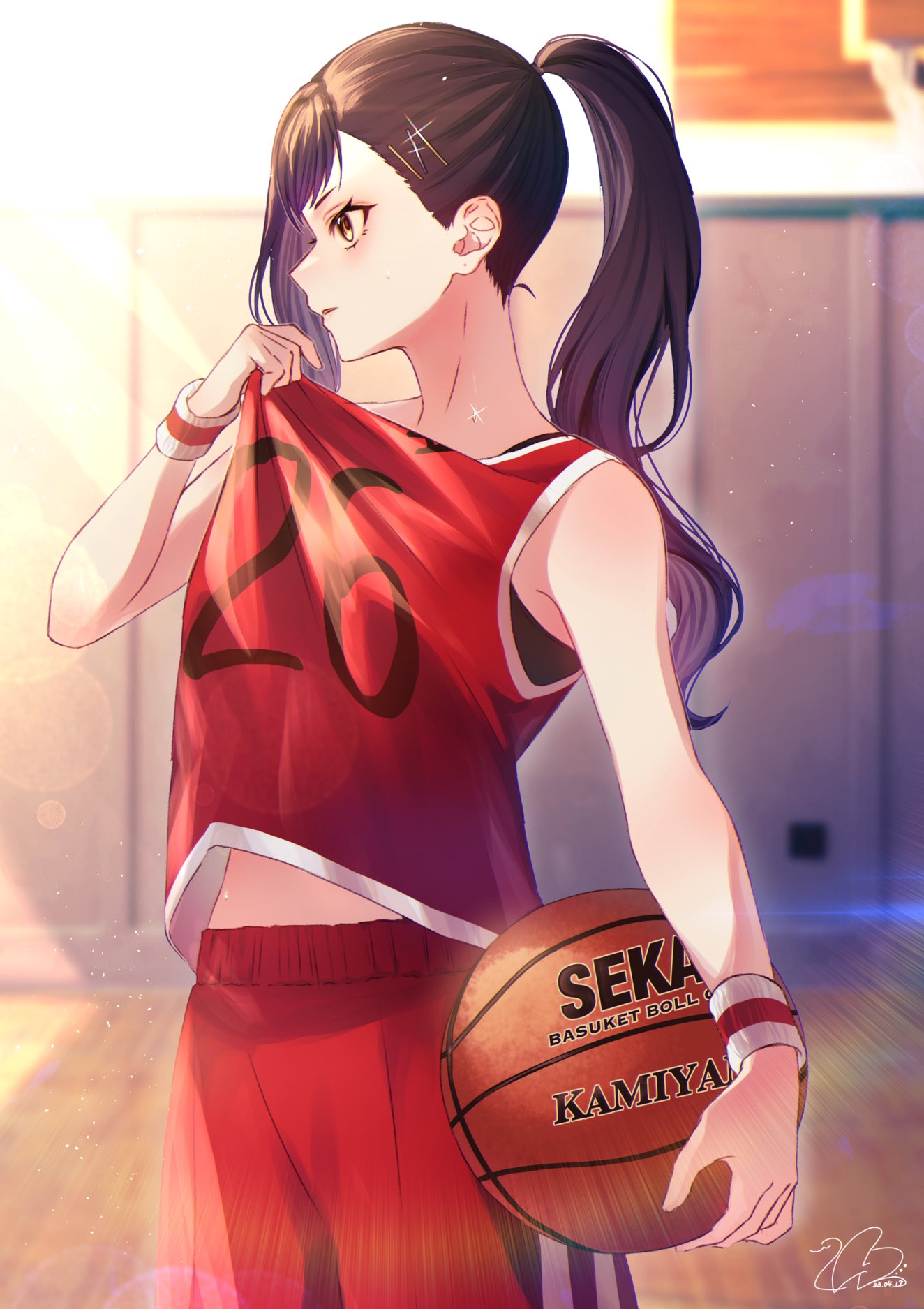 1girl ball basketball black_bra bra brown_hair clothes_lift commentary_request gym_uniform highres holding holding_ball midriff nhrg806 pants ponytail project_sekai red_pants red_shirt shiraishi_an shirt shirt_lift solo stomach underwear