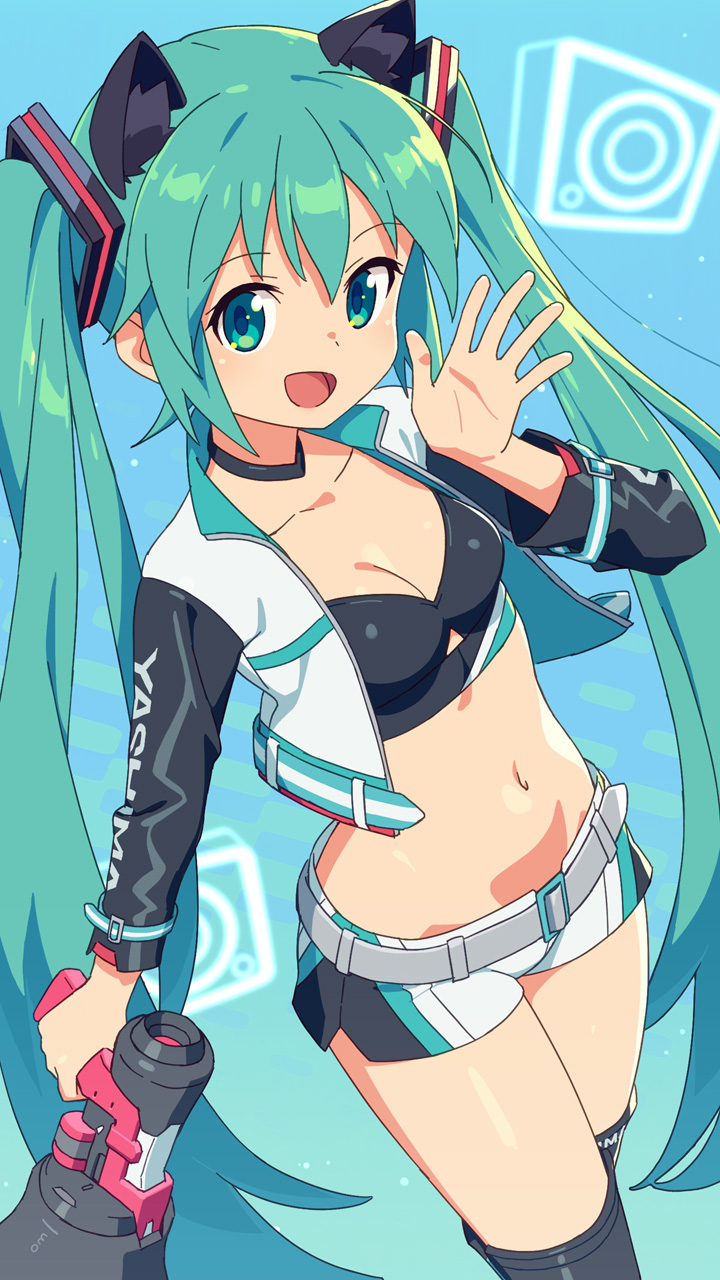 1girl animal_ear_fluff animal_ears belt bikini bikini_top_only black_bikini black_sleeves black_thighhighs breasts cat_ears cleavage cropped_jacket green_eyes green_hair hatsune_miku highres jacket long_hair long_sleeves looking_at_viewer megaphone midriff navel om_(nk2007) open_mouth short_shorts shorts smile solo swimsuit thighhighs thighs twintails very_long_hair vocaloid waving white_jacket white_shorts