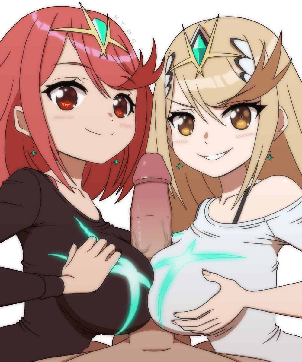 1boy 2girls :d animated animated_gif black_shirt blonde_hair breasts casual circlet closed_mouth clothed_female_nude_male double_paizuri earrings grin hetero highres jewelry kyde large_breasts large_penis long_hair long_sleeves looking_at_viewer medium_hair multiple_girls mythra_(xenoblade) nude penis pov pyra_(xenoblade) red_eyes red_hair shirt simple_background smile teeth v-shaped_eyebrows veins veiny_penis white_background white_shirt xenoblade_chronicles_(series) xenoblade_chronicles_2 yellow_eyes