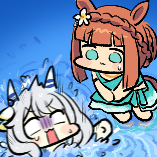 2girls :3 animal_ears asphyxiation blank_eyes blunt_bangs blunt_tresses braid chibi commentary crown_braid drowning ear_covers ear_flower flower flying_sweatdrops green_eyes grey_hair hishi_miracle_(umamusume) horse_ears horse_girl jazz_jack jewelry lowres medium_hair multiple_girls necklace official_alternate_costume official_alternate_hairstyle orange_hair panicking shallow_water sidelocks silence_suzuka_(emerald_on_the_waves)_(umamusume) silence_suzuka_(umamusume) summer_sun_calms_down_blue_(umamusume) sweatdrop umamusume wading water white_flower