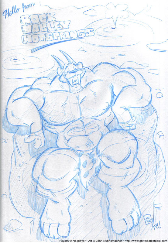 4_toes anthro bathing biceps big_abs big_muscles big_pecs big_quads bird's-eye_view bottomwear claws clothing cooner english_text feet felid fur high-angle_view horn hot_spring huge_muscles huge_pecs loincloth male mammal muscular muscular_anthro muscular_male navel pecs saber-toothed_tiger sketch smile solo text toe_claws toes toony water wet