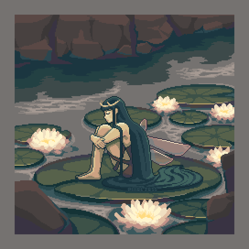 1girl absurdly_long_hair barefoot black_hair closed_eyes day fairy fairy_wings flower hugging_own_legs lily_pad long_hair outdoors pixel_jess profile sitting solo tiara very_long_hair water wings