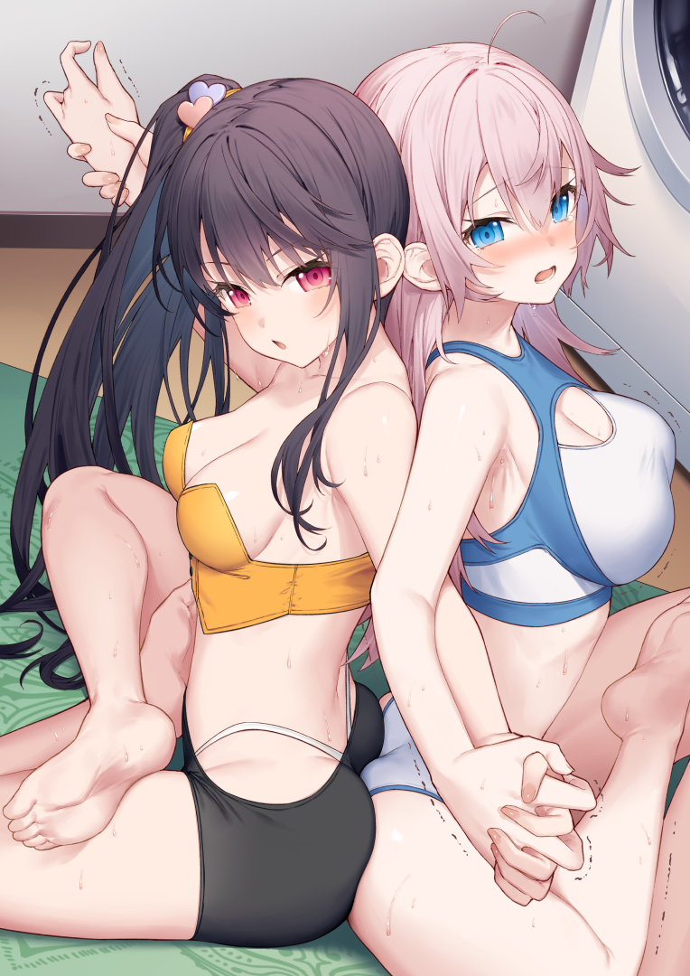 2girls back-to-back bare_legs barefoot black_hair black_shorts blue_eyes blush breasts cleavage commentary_request crop_top hair_ornament heart heart_hair_ornament holding_hands indian_style indoors interlocked_fingers large_breasts long_hair multiple_girls on_floor open_mouth orange_tube_top original panties pink_hair red_eyes shorts side_ponytail sideboob sitting soles strapless toes tokuno_yuika trembling tube_top underwear white_panties