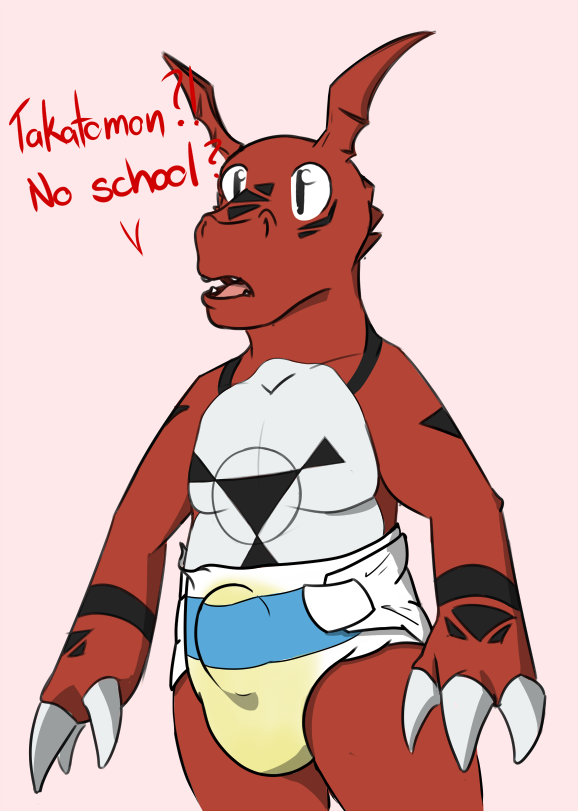 anthro bandai_namco bodily_fluids claws clothed clothing diaper digimon digimon_(species) digital_media_(artwork) english_text erection erection_in_diaper genital_fluids guilmon male open_mouth ryedidy simple_background solo teeth tenting text urine wearing_diaper wet_diaper wetting