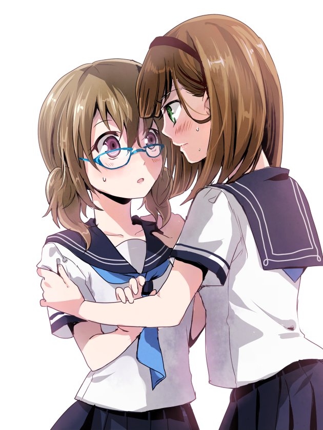 2girls aqua-framed_eyewear aqua_neckerchief blue_sailor_collar blue_skirt brown_hair brown_hairband closed_mouth collarbone cowboy_shot from_side glasses green_eyes hairband hands_on_another's_shoulders looking_at_another medium_hair multiple_girls neckerchief nekozuki_yuki original parted_lips pleated_skirt purple_eyes sailor_collar semi-circular_eyewear shirt short_sleeves simple_background skirt sleeve_cuffs striped sweat white_background white_shirt white_stripes