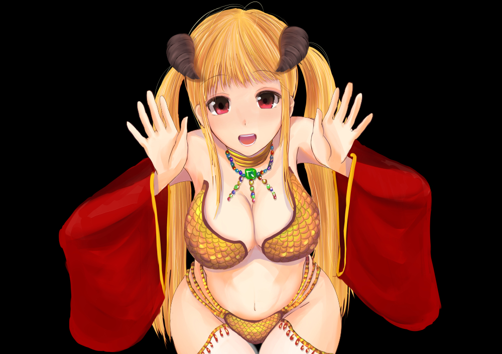 1girl bikini black_background blonde_hair breasts brown_horns cleavage cowboy_shot dc24v detached_sleeves gold_bikini gypsy_(ragnarok_online) hands_up horns jewelry leaning_forward long_sleeves looking_at_viewer medium_breasts navel neck_ring open_mouth pink_eyes ragnarok_online red_sleeves simple_background solo standing straight-on swimsuit teeth thigh_gap twintails wide_sleeves