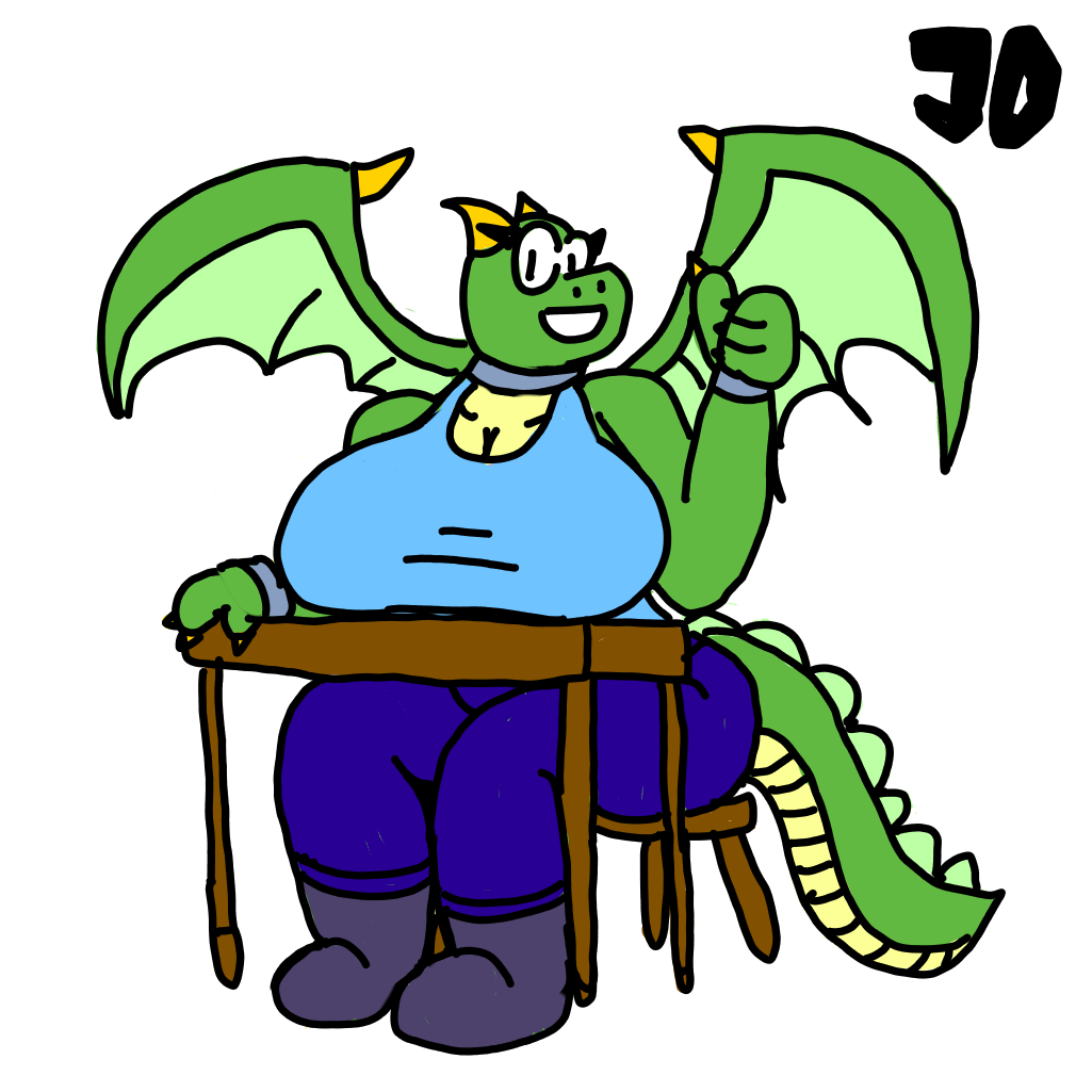 anthro big_breasts binary_drawing boots bottomwear breasts chair clawed_fingers cleavage clothed clothing collar countershading cuffs_(clothing) denim denim_bottomwear denim_clothing dragon eyelashes female flat_colors footwear furniture gesture green_body horn jeans jimothy_dickerman outline pants shirt signature simple_background simple_eyes smile smiling_at_viewer solo table tail tank_top thumbs_up topwear white_background wings