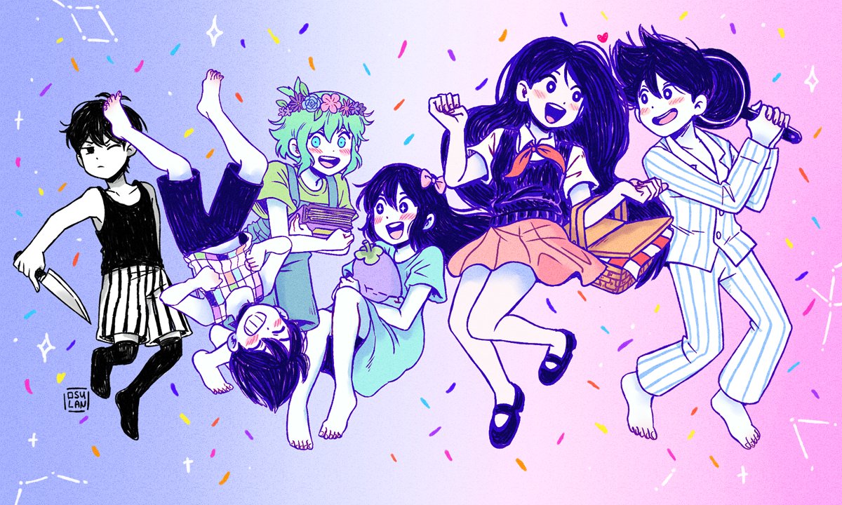 aubrey_(headspace)_(omori) aubrey_(omori) barefoot basil_(headspace)_(omori) basil_(omori) basket black_hair black_shorts blue_dress blue_eyes book bow commentary_request dress french_commentary frown frying_pan green_hair grin hair_bow head_wreath hero_(headspace)_(omori) hero_(omori) holding holding_basket holding_book holding_frying_pan holding_knife kel_(headspace)_(omori) kel_(omori) kitchen_knife kneehighs knife mari_(headspace)_(omori) mari_(omori) midair miniskirt omori one_eye_closed open_mouth orange_skirt osulan overalls pajamas picnic_basket pleated_skirt purple_hair shorts signature skirt smile socks sparkle striped striped_shorts sunny_(omori) sweater_vest tank_top