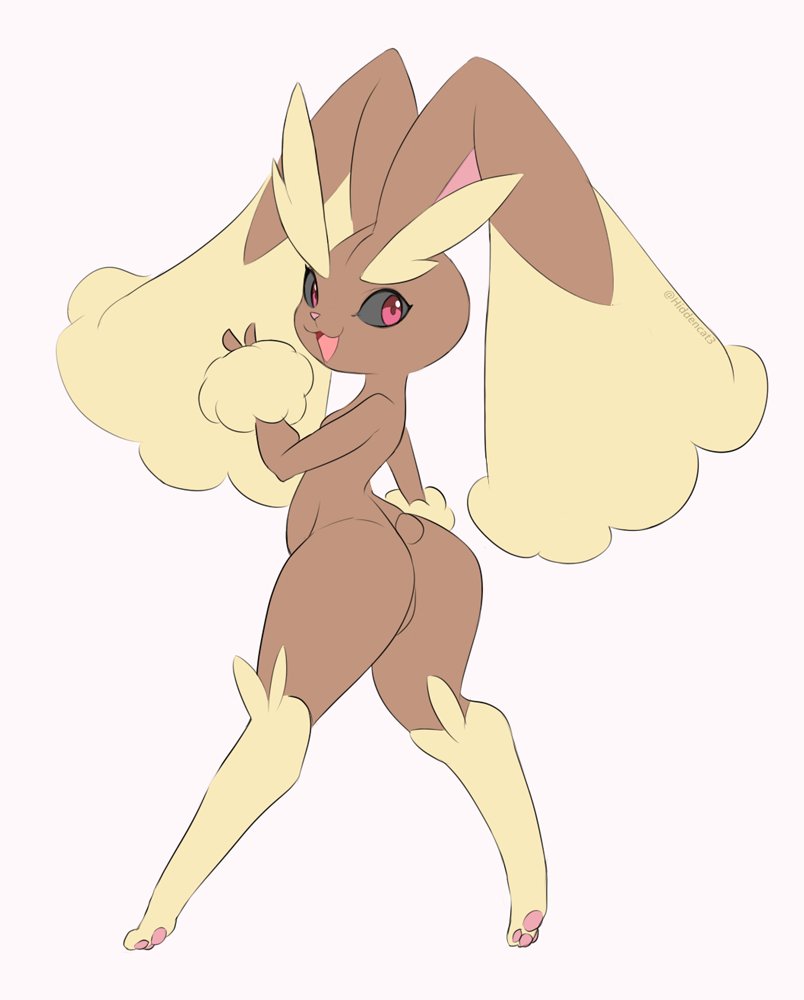 ambiguous_gender anthro brown_body brown_fur butt fur generation_4_pokemon gesture hidden-cat looking_at_viewer lopunny nintendo nude open_mouth pawpads pokemon pokemon_(species) red_eyes simple_background solo v_sign