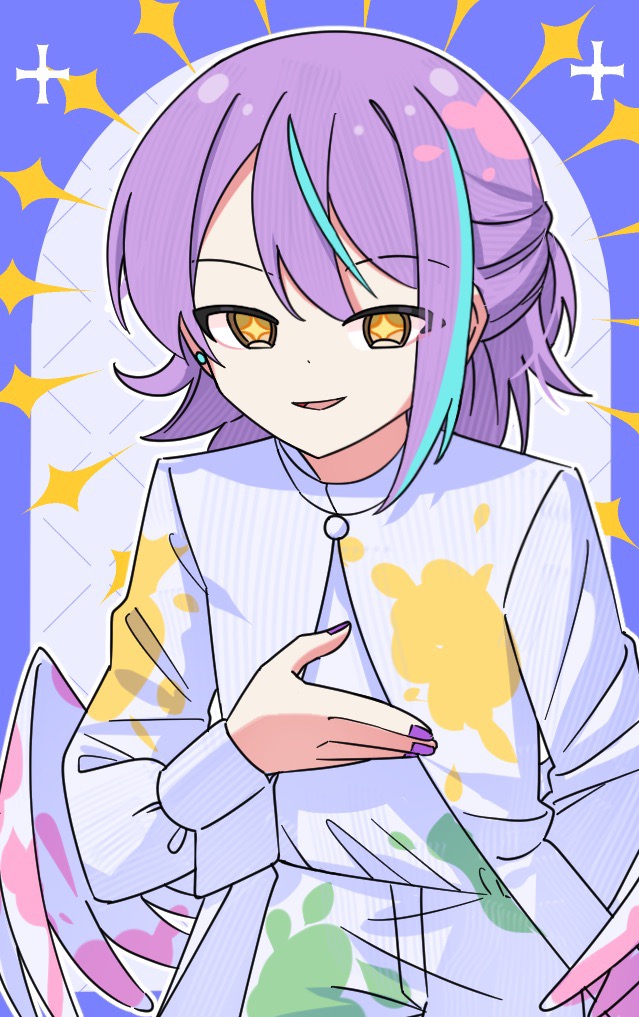 +_+ 1boy :d angel_wings arm_behind_back blue_border blue_hair border hand_up jacket kamishiro_rui long_sleeves looking_at_viewer low_wings male_focus multicolored_hair outside_border paint_in_hair paint_on_clothes pants project_sekai purple_hair purple_nails sanjuqing'an shirt shirt_tucked_in short_hair smile solo sparkle streaked_hair upper_body white_jacket white_pants white_shirt white_wings wings yellow_eyes