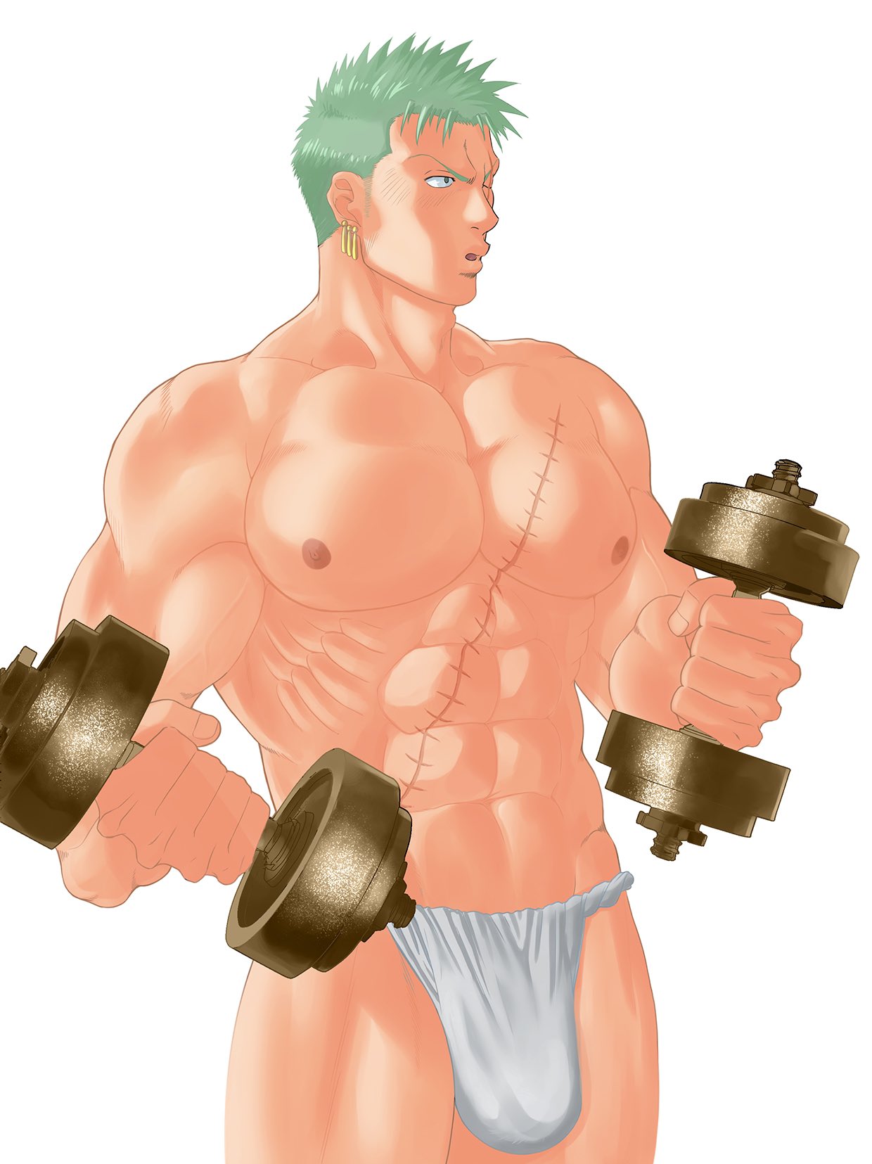 1boy bara biceps bulge dumbbell exercise feet_out_of_frame flexing_pecs fundoshi green_hair highres japanese_clothes large_pectorals long_sideburns looking_to_the_side male_focus masanori muscular muscular_male one_piece pectorals roronoa_zoro short_hair sideburns sideburns_stubble solo standing strongman_waist thank_you weightlifting