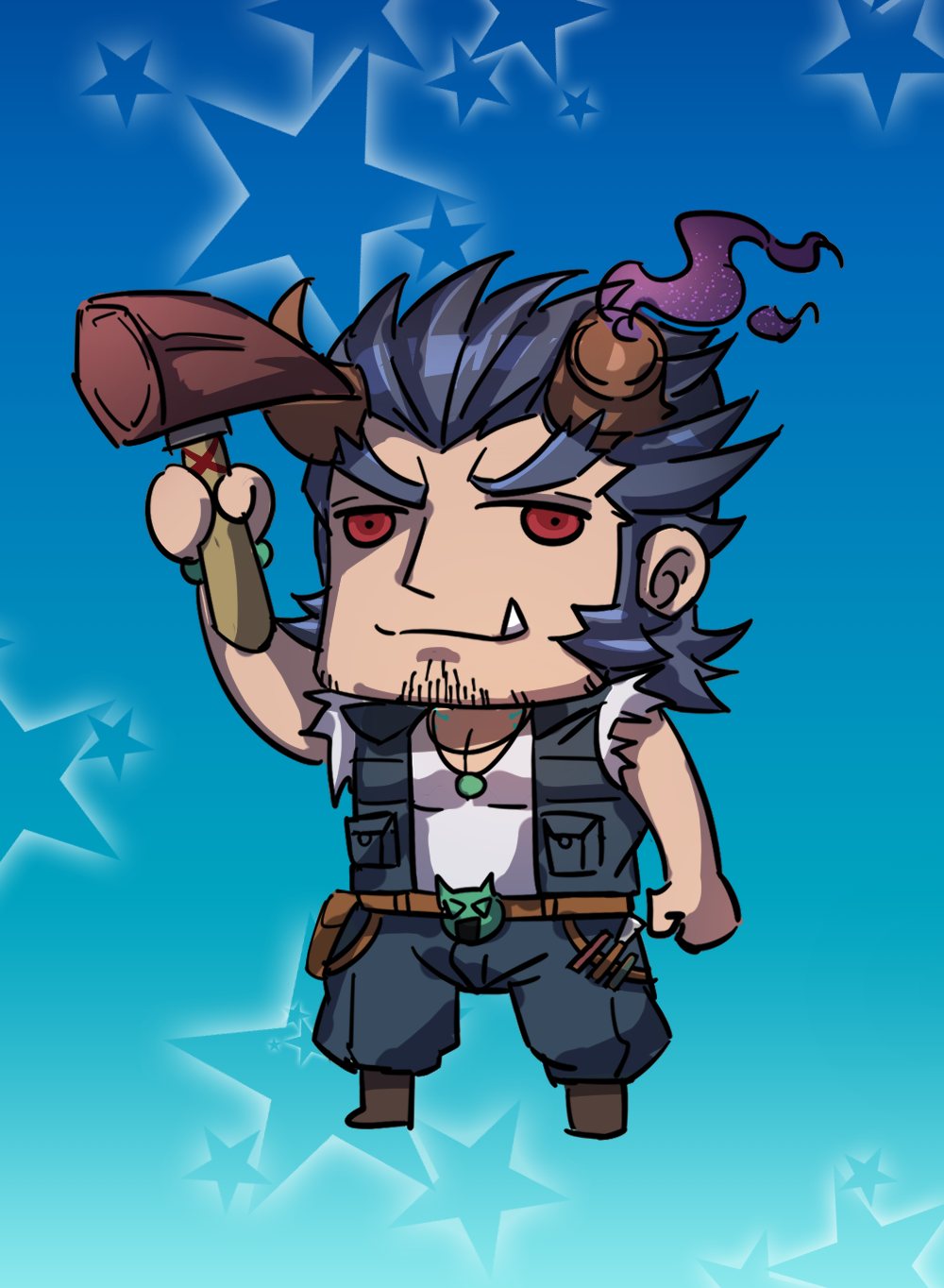 1boy bara blue_hair broken_horn carpenter chibi dark_blue_hair demon_boy demon_horns facial_hair fang fate/grand_order fate_(series) fiery_horns full_body gradient_background hammer highres horns jewelry long_sideburns male_focus necklace parody pectorals red_eyes riyo_(lyomsnpmp)_(style) sdz_(inazuma) shirt short_hair sideburns simple_background sleeveless solo stubble style_parody takemaru_(housamo) thick_eyebrows tokyo_afterschool_summoners torn_clothes torn_shirt