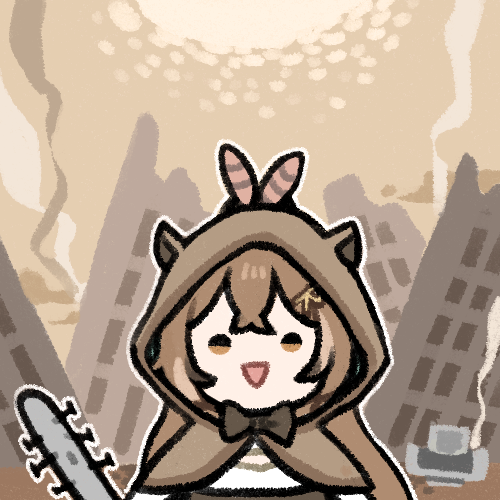 1girl baseball_bat bow brown_eyes brown_hair chibi clipe feather_hair_ornament feathers hair_ornament hairclip hololive hololive_english hood hooded_jacket jacket looking_at_viewer lowres nail nail_bat nanashi_mumei open_mouth post-apocalypse printer smile smoke solo upper_body virtual_youtuber wasteland