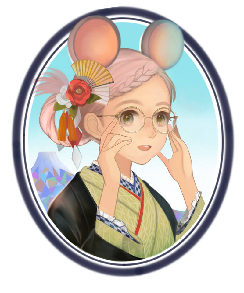 1girl :d animal_ears blue_sky braid braided_bangs chinese_zodiac commentary_request fan_hair_ornament flower glasses green_eyes hair_fan hair_flower hair_ornament hair_rings hands_up japanese_clothes kimono meu_(esekai) mountain mouse_ears open_mouth original pink_hair red_flower red_rose revision rose round_eyewear round_image short_hair sky smile solo teeth upper_teeth_only year_of_the_rat