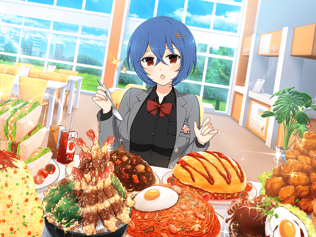 1girl amane_(senran_kagura) apple apple_juice blue_hair blush bow bowl bread breasts cafeteria carton chair cityscape cloud counter curry curry_rice day drink drinking_straw egg food fried_chicken fried_rice fruit glass grass hair_ornament hairpin holding indoors jacket juice_box ketchup large_breasts lettuce looking_at_viewer meat menu menu_board mountainous_horizon mushroom noodles official_art omelet omurice open_clothes open_jacket open_mouth parsley pasta plant plate red_eyes rice sandwich sauce sausage school_uniform senran_kagura senran_kagura_new_link shirt short_hair shrimp shrimp_tempura sitting solo spaghetti spoon sunlight surprised table tempura tomato tree yaegashi_nan