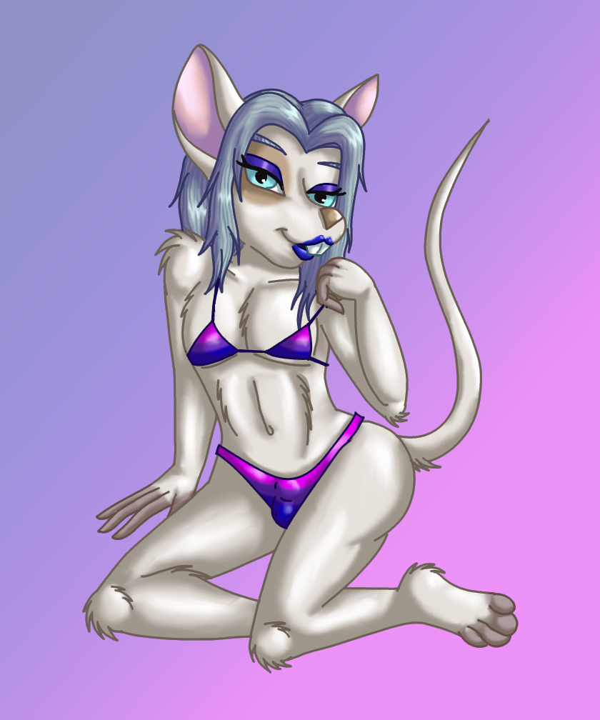 anthro balls_outline bikini bikini_bottom bikini_top bisexual_pride_pattern_bikini bulge cheryl_lapin clothed clothing crossdressing detailed_bulge genital_outline girly jamie_(cheryl_lapin) lipstick makeup male mammal mouse murid murine rodent sheath_outline solo swimwear