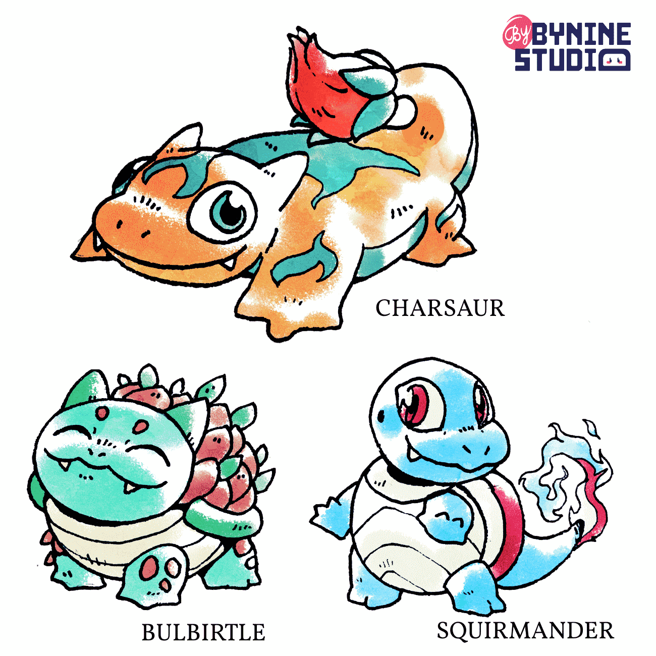 bulbasaur bynine charmander fakemon fangs fusion green_pupils happy highres pokemon pokemon_(creature) red_pupils shell smile squirtle stain