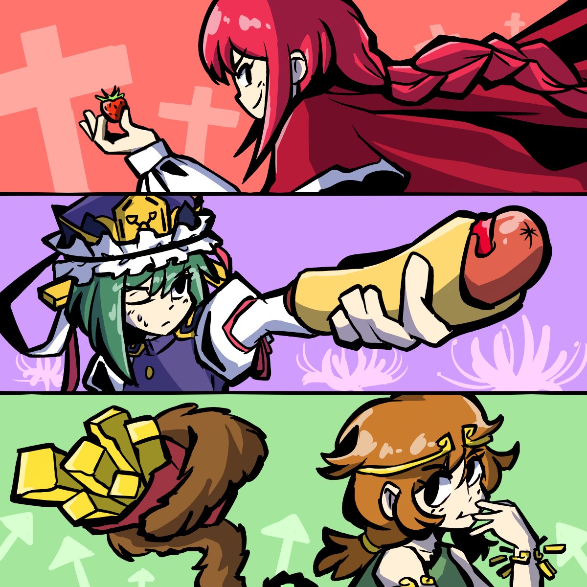3girls arrow_(symbol) braid brown_hair capelet circlet cross dress flower food french_fries fruit green_dress green_hair hair_ornament hat highres holding holding_food hot_dog juliet_sleeves long_hair long_sleeves low_twintails monkey_tail multiple_girls okazaki_yumemi one_eye_closed oysterfried prehensile_tail puffy_long_sleeves puffy_sleeves red_hair ribbon shiki_eiki shirt short_hair single-shoulder_dress skirt sleeveless sleeveless_shirt smile son_biten strawberry tail touhou touhou_(pc-98) twintails vest