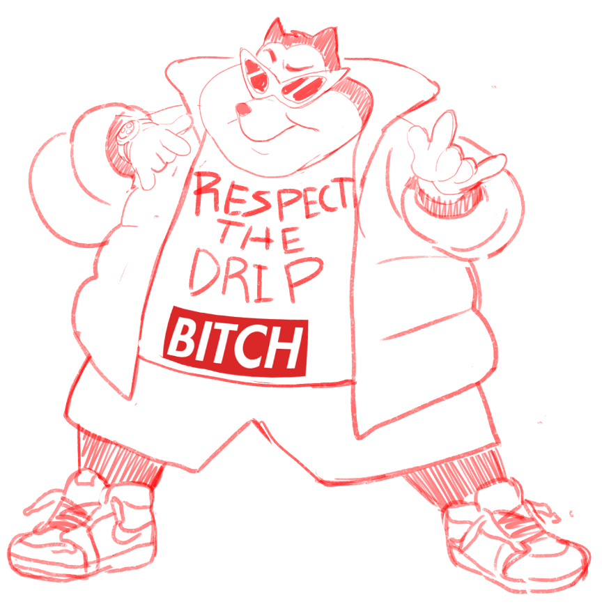 anthro clothing colo devil_horns_(gesture) disney domestic_cat english_text eyewear felid feline felis footwear gesture goof_troop jacket male mammal overweight overweight_anthro overweight_male pj_(goof_troop) shirt shoes sneakers solo sunglasses text text_on_clothing text_on_shirt text_on_topwear topwear