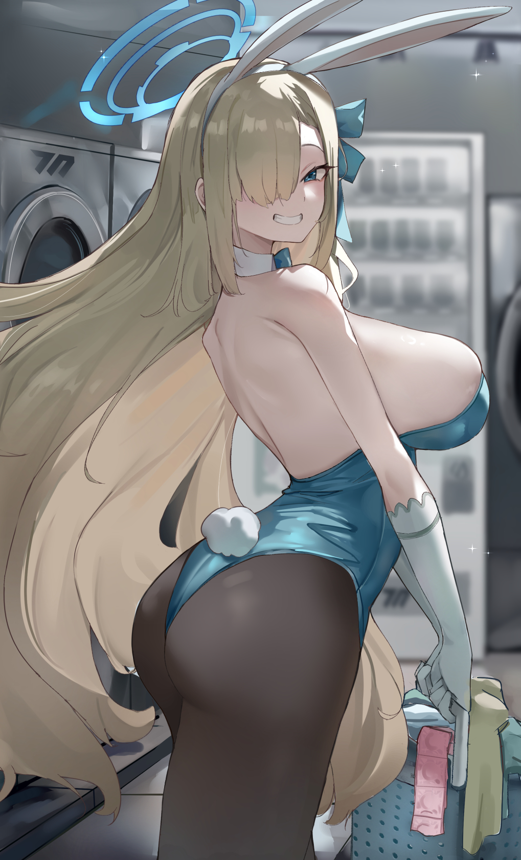 1girl animal_ears ass asuna_(blue_archive) asuna_(bunny)_(blue_archive) back bare_shoulders blonde_hair blue_archive blue_eyes blue_leotard blue_ribbon breasts brown_pantyhose detached_collar donggua_bing_cha elbow_gloves fake_animal_ears gloves grin hair_over_one_eye hair_ribbon halo highleg highleg_leotard highres large_breasts laundromat laundry laundry_basket leotard long_hair looking_at_viewer looking_back pantyhose playboy_bunny rabbit_ears rabbit_tail ribbon smile solo tail thighs very_long_hair washing_machine white_gloves