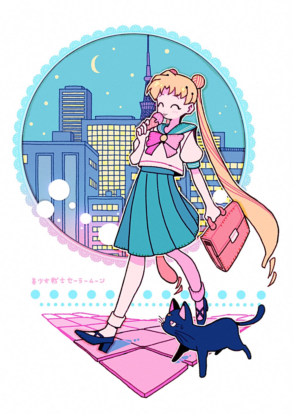 1girl ^_^ bishoujo_senshi_sailor_moon black_cat black_footwear blue_sailor_collar blue_skirt bow bowtie cat cityscape closed_eyes crescent double_bun food full_body hair_bun highres holding holding_ice_cream ice_cream inset long_hair luna_(sailor_moon) night pink_bow pink_bowtie pleated_skirt sailor_collar school_uniform serafuku skirt socks tenteko_mai51 tokyo_tower tsukino_usagi twintails walking white_socks