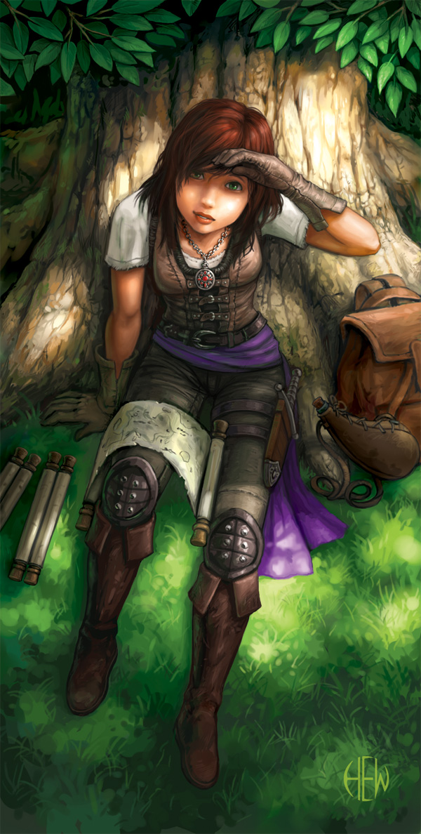 1girl alvinhew boots brown_hair full_body gloves grass green_eyes jewelry looking_at_viewer necklace on_ground original pendant realistic solo summer tree