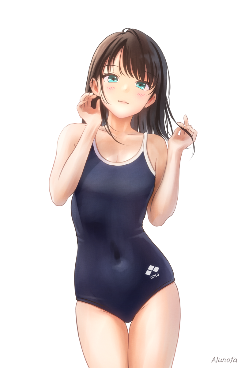 1girl arena_(company) black_hair blue_one-piece_swimsuit breasts cleavage commentary_request competition_school_swimsuit covered_navel green_eyes highres logo medium_hair new_school_swimsuit one-piece_swimsuit original school_swimsuit simple_background small_breasts solo standing swimsuit tachi-e thigh_gap white_background yuluvine