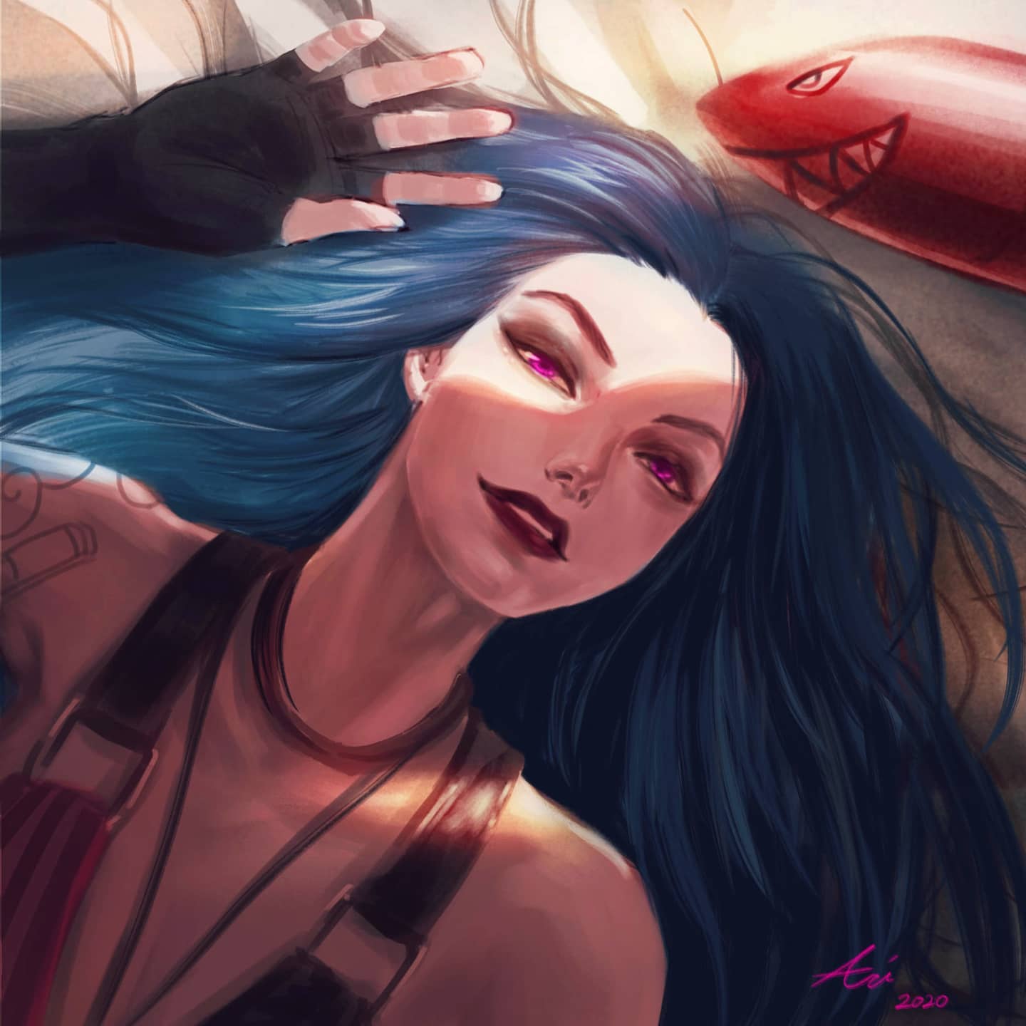1girl 2020 arcane:_league_of_legends arcane_jinx arilee_art arm_tattoo artist_name bare_shoulders blue_hair brown_choker choker cloud_tattoo dated fingerless_gloves gloves hair_undone highres jinx_(league_of_legends) league_of_legends long_hair looking_at_viewer lying on_back purple_eyes red_lips rocket shoulder_tattoo signature smile solo striped tattoo