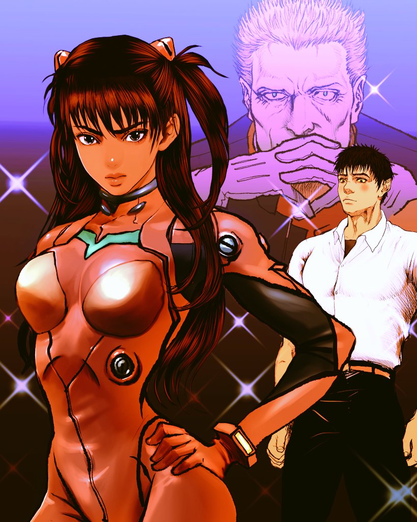 1girl 2boys berserk black_eyes blush bodysuit brown_hair casca_(berserk) closed_mouth collared_shirt cosplay dark_skin gambino_(berserk) gloves ikari_gendou ikari_gendou_(cosplay) ikari_shinji ikari_shinji_(cosplay) long_hair multiple_boys neon_genesis_evangelion nisino2222 parody plugsuit pointy_ears red_bodysuit shirt short_sleeves souryuu_asuka_langley souryuu_asuka_langley_(cosplay) sparkle spiked_hair white_gloves white_shirt