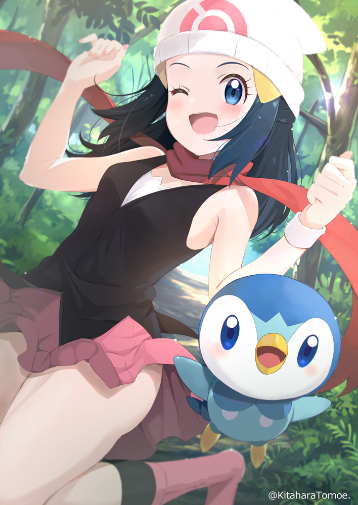 1girl ;d beanie black_hair black_shirt blue_eyes boots commentary_request commission dawn_(pokemon) day eyelashes forest hair_ornament hairclip hands_up hat kitahara_tomoe_(kitahara_koubou) long_hair nature no_panties one_eye_closed open_mouth outdoors pink_footwear piplup pixiv_commission poke_ball_print pokemon pokemon_(anime) pokemon_(creature) pokemon_dppt_(anime) red_scarf scarf shirt sleeveless sleeveless_shirt smile socks tree w_arms watermark white_headwear