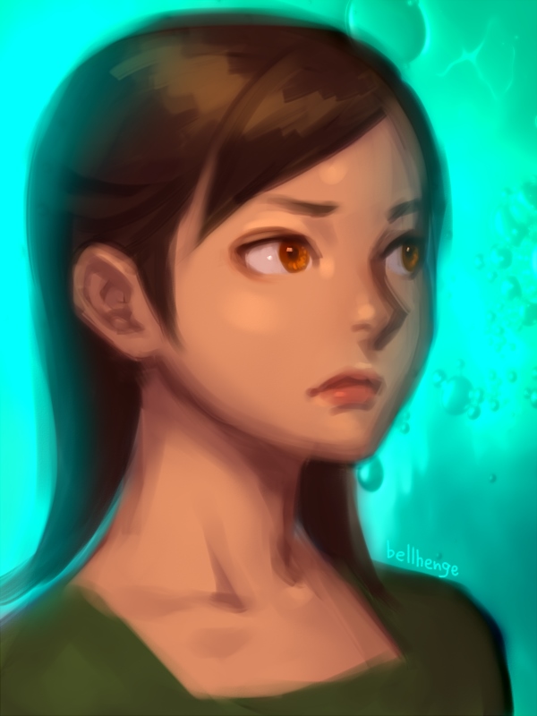 1girl bellhenge brown_eyes brown_hair bubble_background chin closed_mouth collarbone deviantart_username english_commentary frown green_background green_shirt long_hair long_sleeves looking_ahead original pink_lips realistic shirt straight_hair thick_eyebrows upper_body