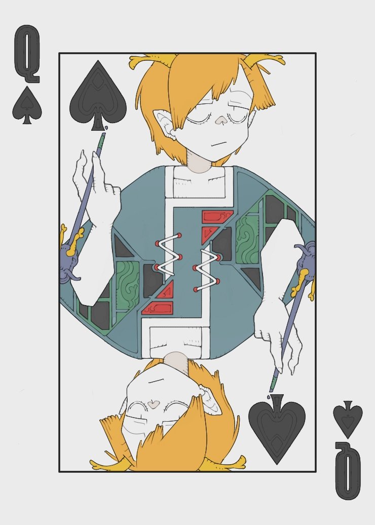 1girl antlers blonde_hair blue_shirt bolos card claws dragon_girl dragon_horns holding holding_smoking_pipe horns kicchou_yachie looking_at_viewer playing_card pointy_ears queen_(playing_card) queen_of_spades shirt short_hair short_sleeves smoking_pipe spade_(shape) touhou