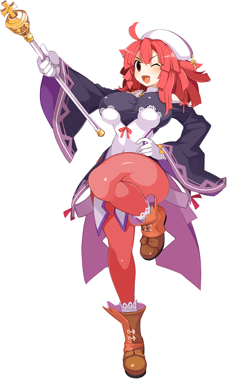 1girl ;d boots breasts brown_footwear coattails disgaea disgaea_rpg full_body gloves hand_on_hip headdress highres holding holding_weapon impossible_clothes la_pucelle large_breasts leg_up long_sleeves marching_band_baton medium_hair non-web_source official_art one_eye_closed open_mouth outstretched_arm pantyhose photoshop_(medium) pink_hair prier red_eyes scepter smile solo traditional_media transparent_background weapon white_gloves wide_sleeves