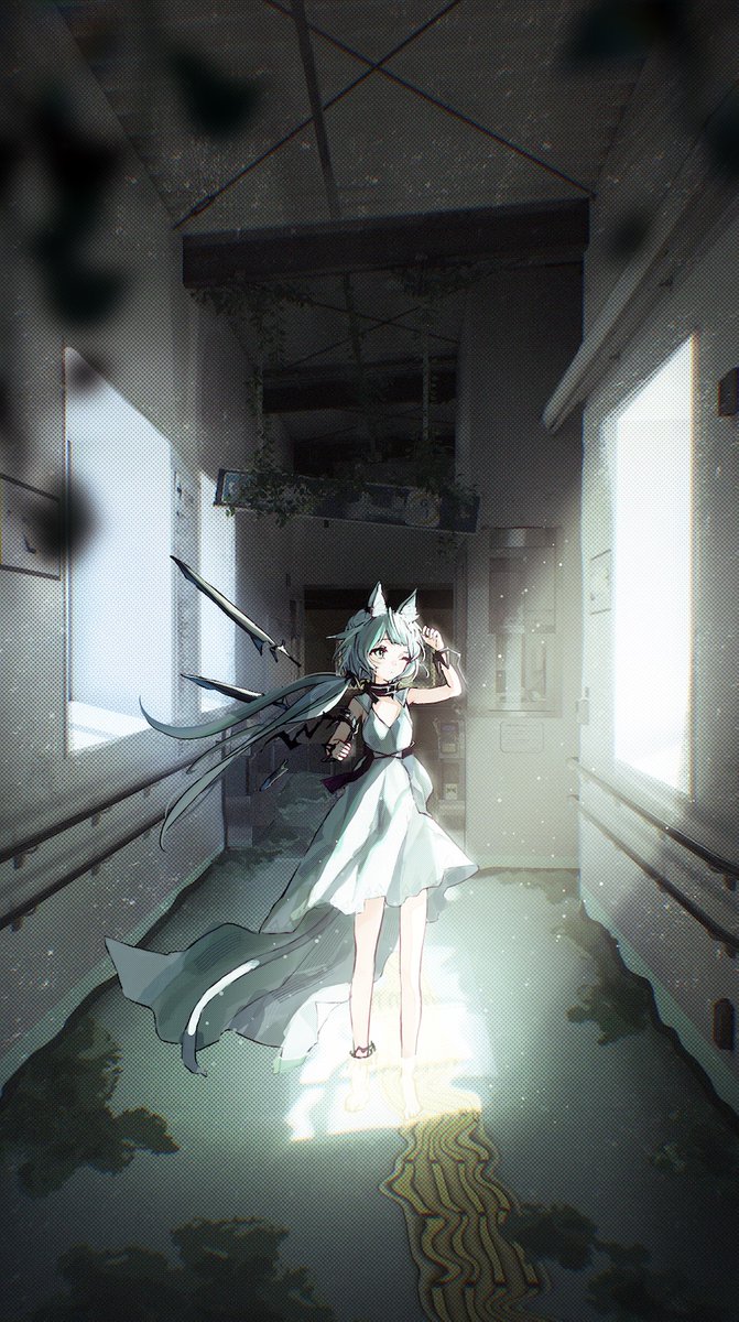 1girl animal_ear_fluff animal_ears arknights barefoot blue_hair blurry blurry_foreground cat_ears cat_girl cat_tail commentary_request cuffs detached_wings dress green_eyes hand_up highres indoors light_blue_hair matsuoka_(mtok_0) mechanical_wings mold one_eye_closed poster_(object) railing rosmontis_(arknights) rosmontis_(become_anew)_(arknights) shackles shading_eyes solo sunlight tail white_dress window wings