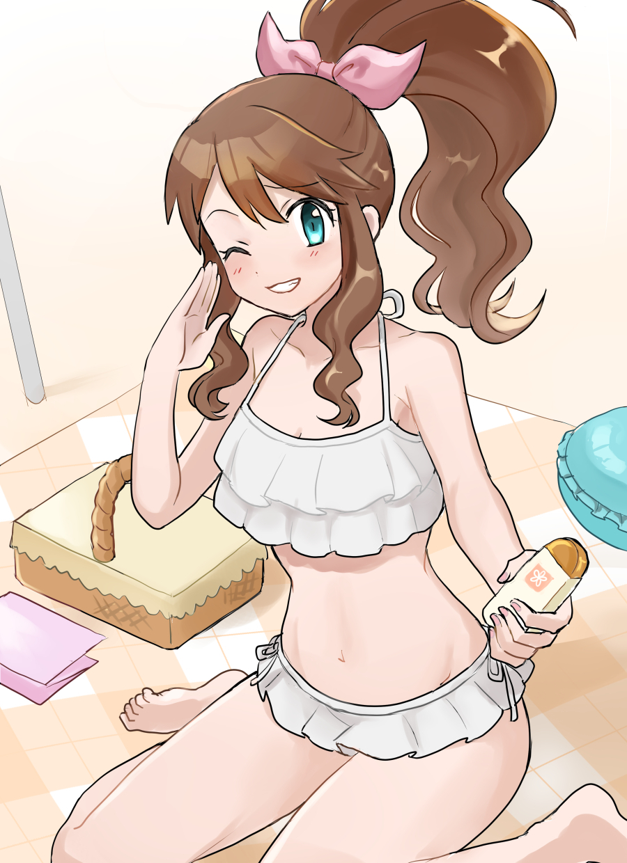 1girl alternate_costume am_(ajamuw) barefoot basket beach beach_towel blush brown_hair commentary_request day eyelashes green_eyes grin hair_ribbon high_ponytail highres hilda_(pokemon) holding long_hair looking_at_viewer navel one_eye_closed outdoors partial_commentary pink_ribbon pokemon pokemon_(game) pokemon_bw ribbon sitting smile solo swimsuit teeth toes towel white_swimsuit