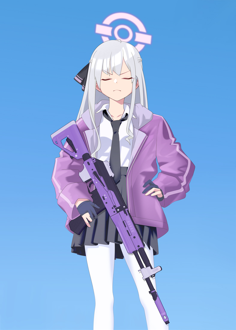 ak-12 ak-12_(girls'_frontline) alternate_universe assault_rifle blue_archive braid french_braid girls'_frontline gloves grey_hair gun halo jacket kalashnikov_rifle necktie open_clothes open_jacket pink_halo rifle samsam_s2s skirt tagme weapon